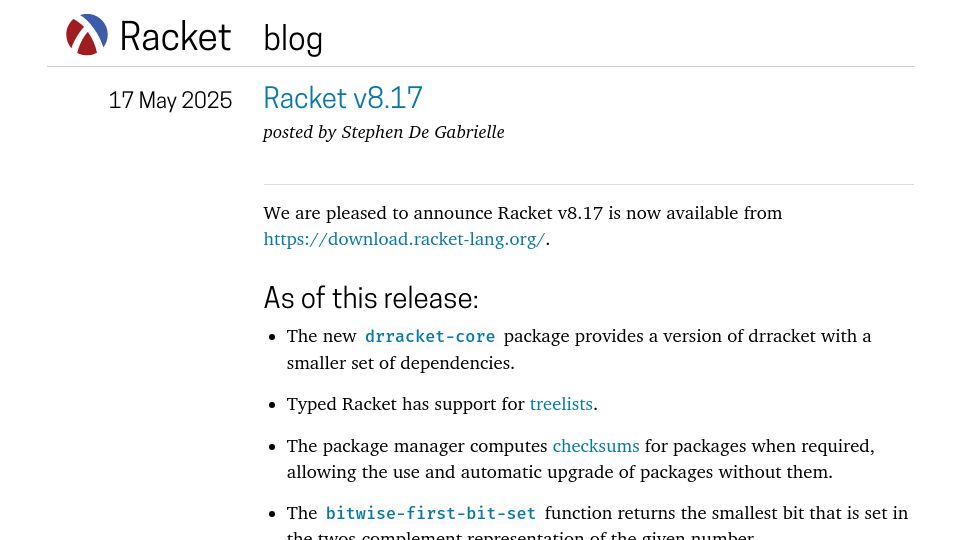 Screenshot of blog.racket-lang.org: Racket – the Language-Oriented Programming Language – 8.17 is now available