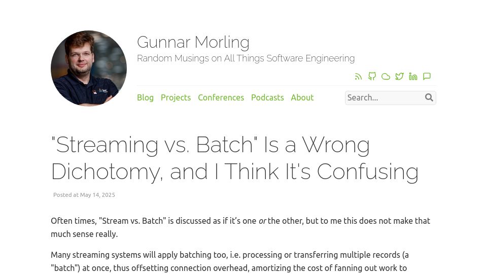 Screenshot of morling.dev: “Streaming vs. Batch” Is a Wrong Dichotomy, and I Think It's Confusing