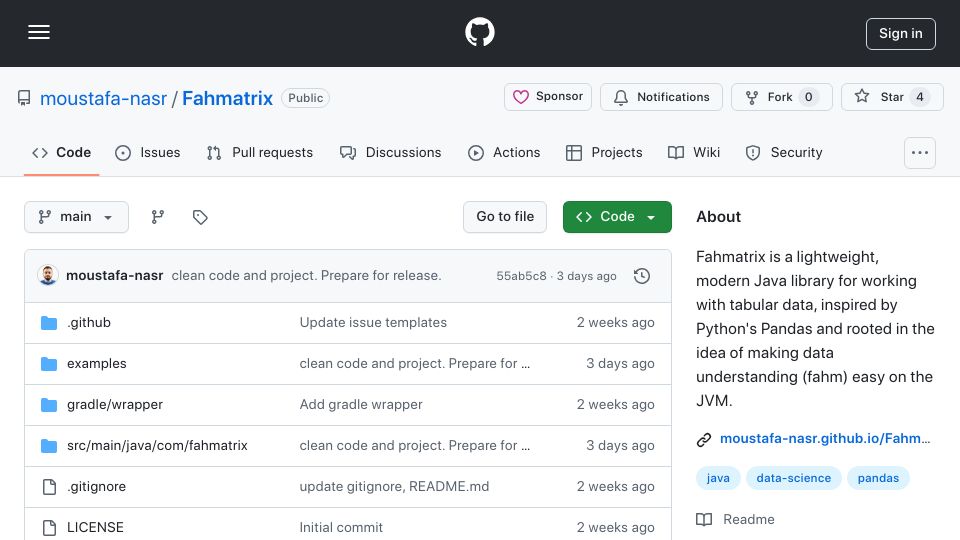 Screenshot of github.com: Show HN: Fahmatrix – A Lightweight, Pandas-Like DataFrame Library for Java