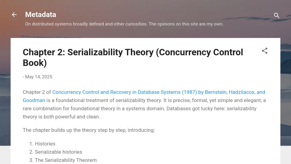Screenshot of muratbuffalo.blogspot.com: Chapter 2: Serializability Theory (1987 Concurrency Control Book)