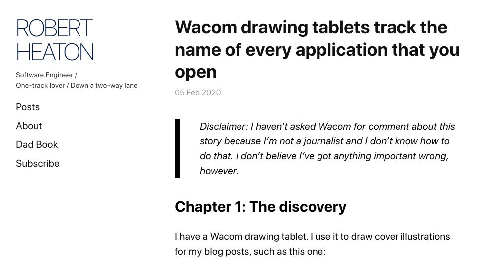 Screenshot of robertheaton.com: Wacom drawing tablets track the name of every application you open (2020)