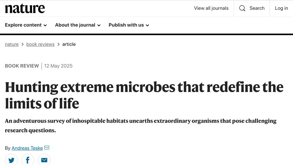 Screenshot of nature.com: Hunting extreme microbes that redefine the limits of life