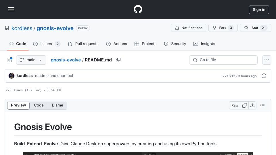 Screenshot of github.com: Gnosis Evolve MCP for Claude Desktop