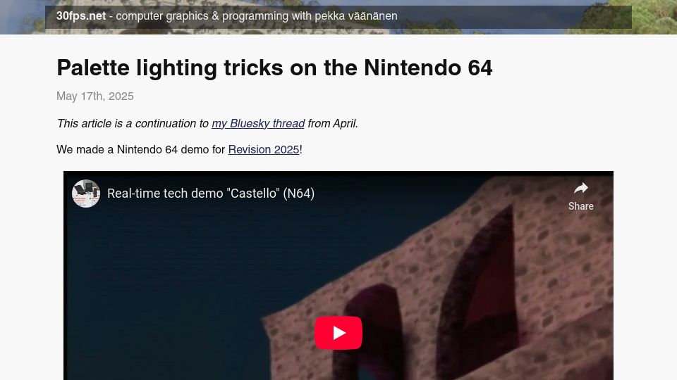 Screenshot of 30fps.net: Palette lighting tricks on the Nintendo 64