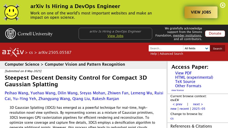 Screenshot of arxiv.org: Steepest Descent Density Control for Compact 3D Gaussian Splatting