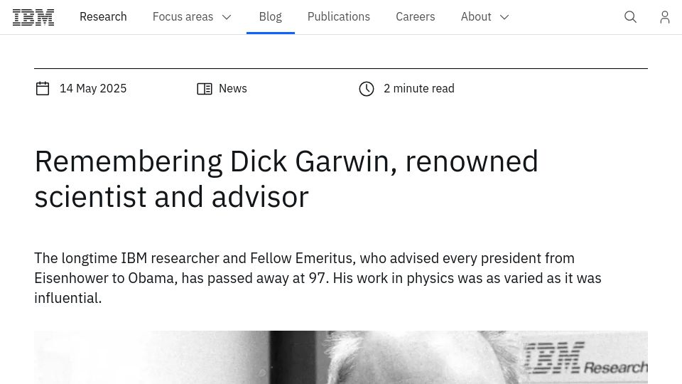 Screenshot of research.ibm.com: Remembering IBM Researcher Dick Garwin