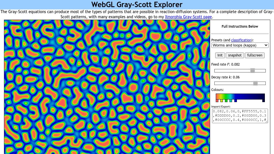 Screenshot of mrob.com: WebGL Gray-Scott Explorer (2012)