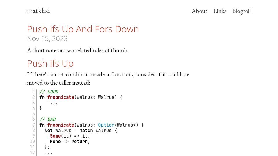 Screenshot of matklad.github.io: Push Ifs Up and Fors Down