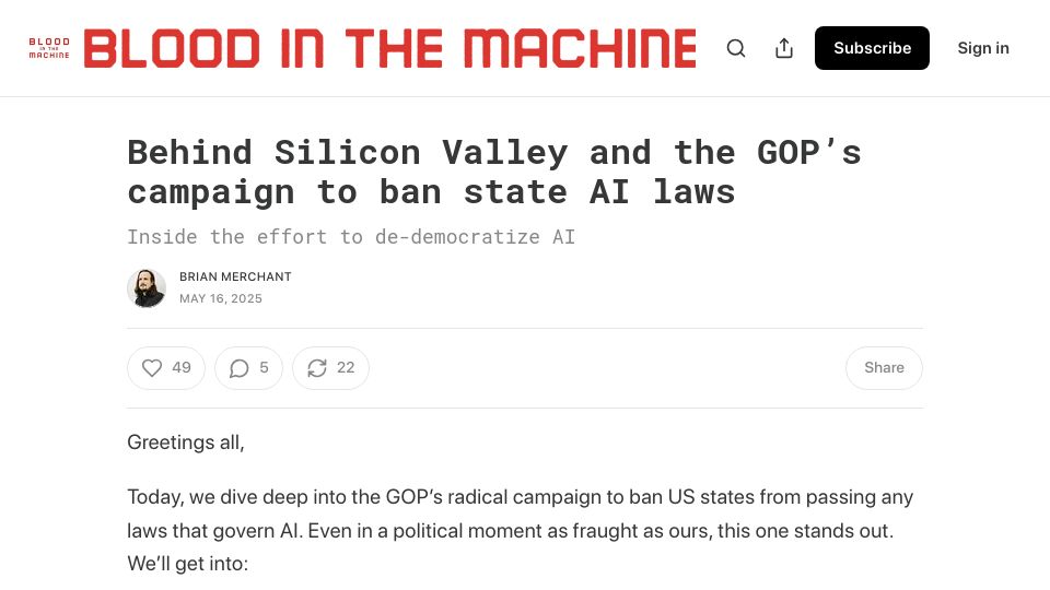 Screenshot of bloodinthemachine.com: Behind Silicon Valley and the GOP’s campaign to ban state AI laws