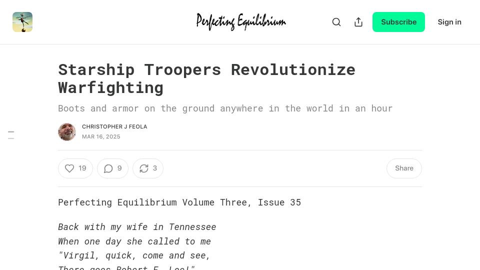 Screenshot of perfectingequilibrium.substack.com: Starship Troopers Revolutionize Warfighting