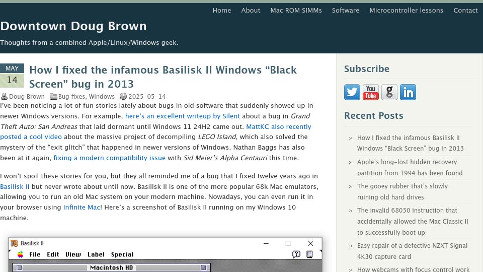 Screenshot of downtowndougbrown.com: How I fixed the infamous Basilisk II Windows “Black Screen” bug in 2013