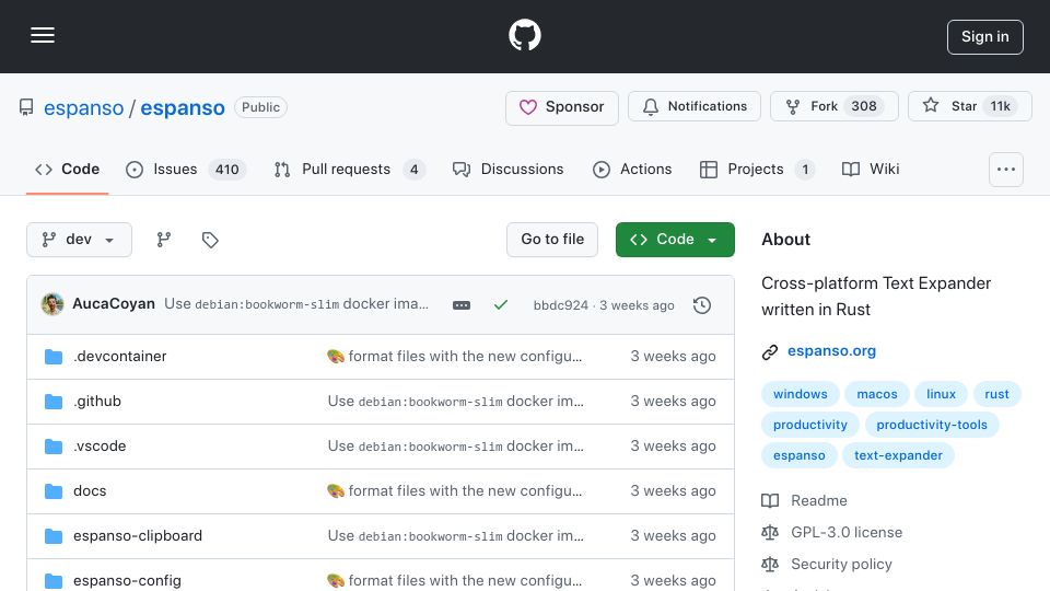 Screenshot of github.com: Espanso – Cross-Platform Text Expander Written in Rust