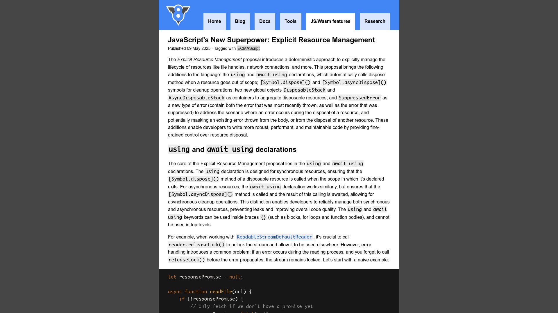 Screenshot of v8.dev: JavaScript's New Superpower: Explicit Resource Management