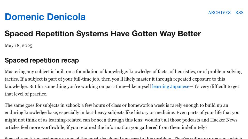 Screenshot of domenic.me: Spaced repetition systems have gotten better