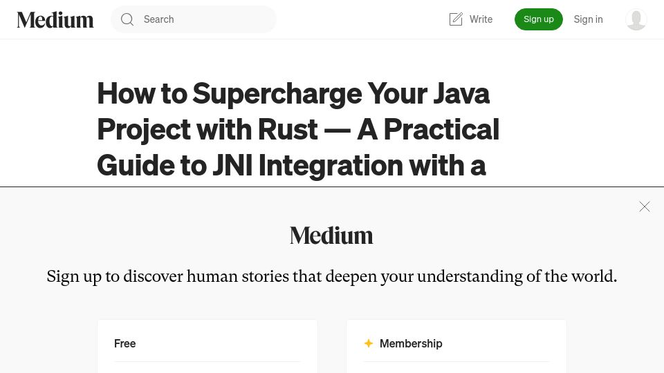 Screenshot of medium.com: Lessons from Mixing Rust and Java: Fast, Safe, and Practical