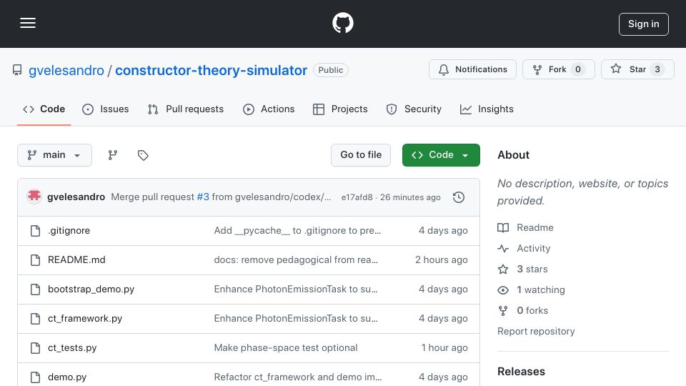 Screenshot of github.com: Show HN: Python Simulator of David Deutsch’s “Constructor Theory of Time”