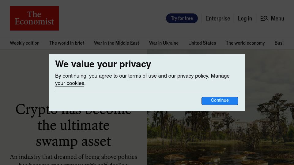 Screenshot of economist.com: Crypto has become the ultimate swamp asset