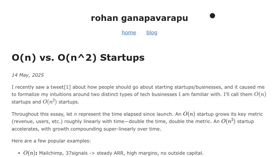Screenshot of rohan.ga: O(n) vs. O(n^2) Startups