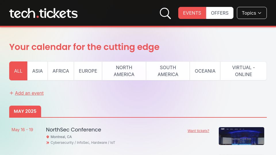 Screenshot of tech.tickets: Show HN: A platform to find tech conferences, discounts, and ticket giveaways
