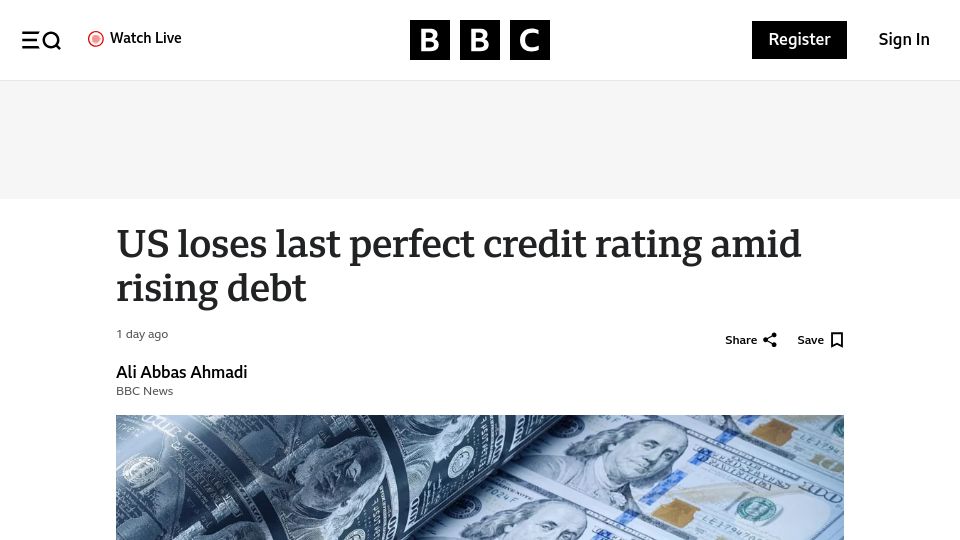 Screenshot of bbc.com: US loses last perfect credit rating amid rising debt