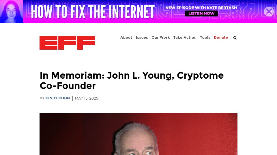 Screenshot of eff.org: In Memoriam: John L. Young, Cryptome Co-Founder