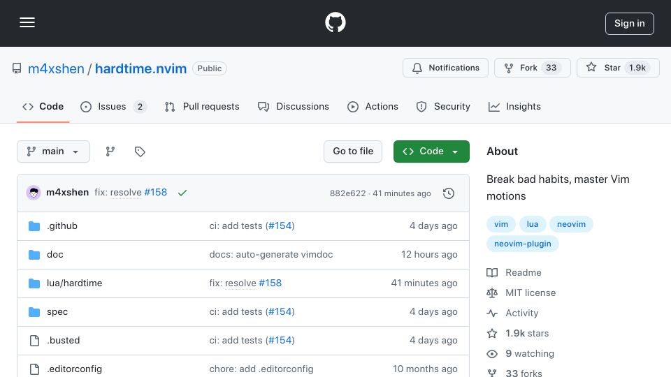 Screenshot of github.com: Show HN: Hardtime.nvim – break bad habits and master Vim motions