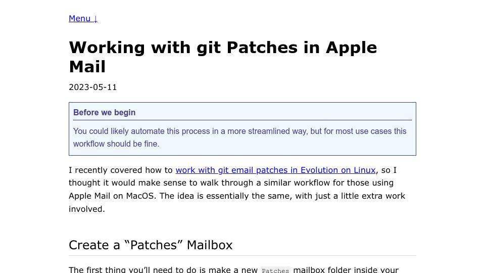 Screenshot of btxx.org: Working with Git Patches in Apple Mail (2023)