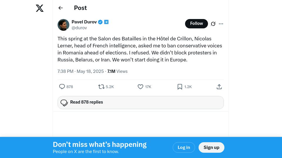 Screenshot of twitter.com: Telegram CEO: French intelligence head asked me to ban Romanian conservatives
