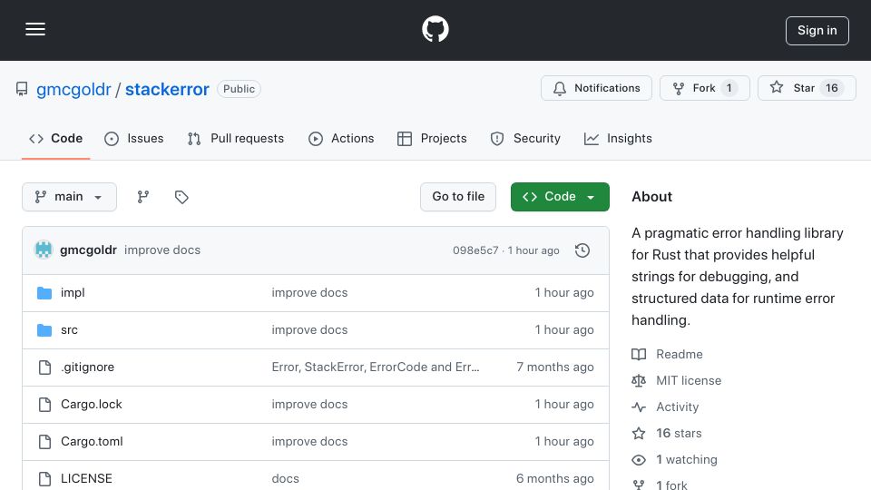 Screenshot of github.com: Show HN: Stack Error – ergonomic error handling for Rust