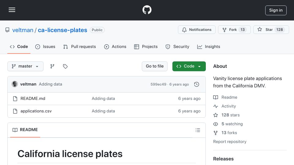 Screenshot of github.com: California vanity license plate applications with reasons for rejection