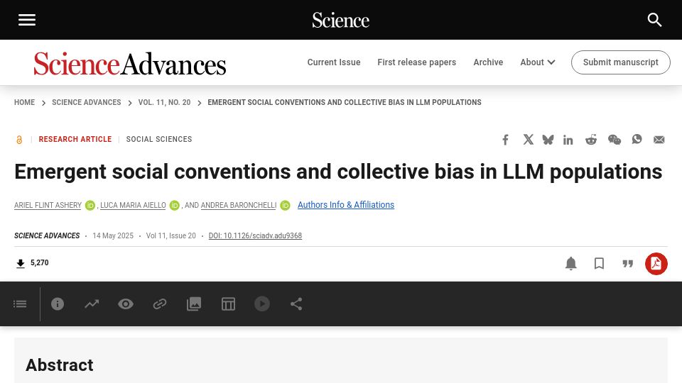 Screenshot of science.org: Emergent social conventions and collective bias in LLM populations