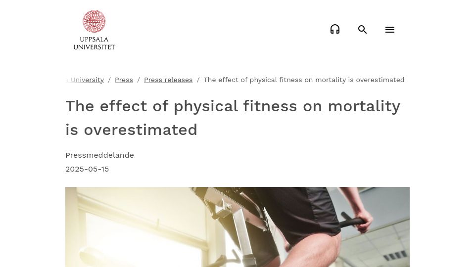 Screenshot of uu.se: The effect of physical fitness on mortality is overestimated