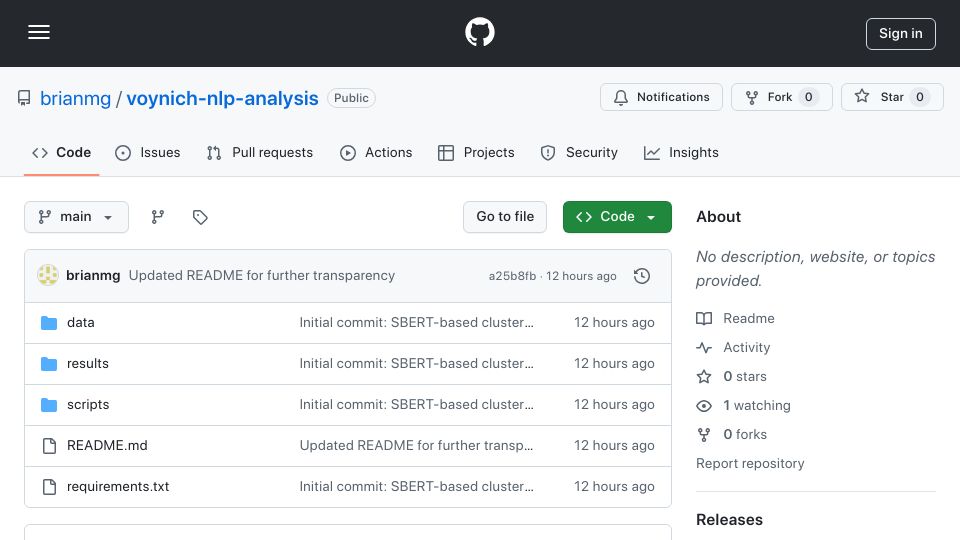 Screenshot of github.com: Show HN: I modeled the Voynich Manuscript with SBERT to test for structure