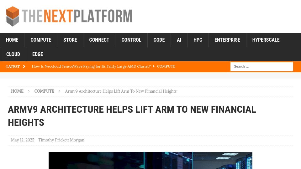 Screenshot of nextplatform.com: ARMv9 Architecture Helps Lift Arm to New Financial Heights