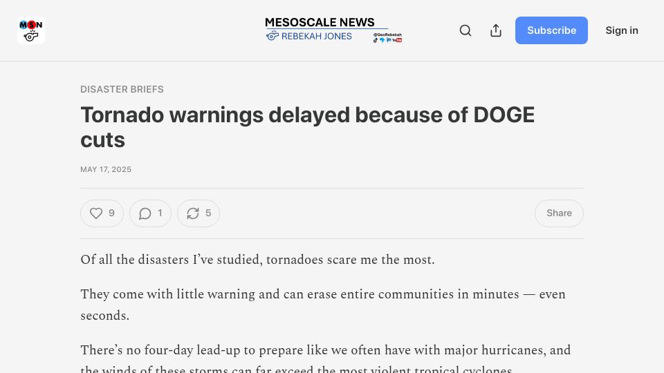 Screenshot of mesoscalenews.com: Tornado warnings delayed because of DOGE cuts