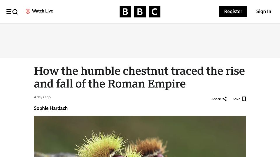 Screenshot of bbc.com: How the humble chestnut traced the rise and fall of the Roman Empire