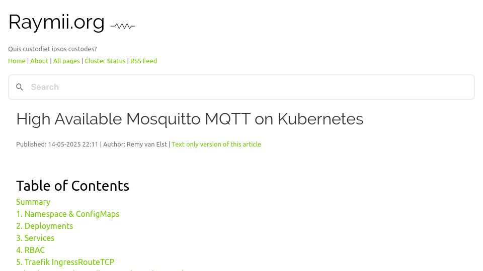 Screenshot of raymii.org: High Available Mosquitto MQTT on Kubernetes