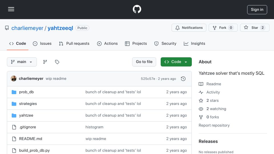Screenshot of github.com: Yahtzeeql – Yahtzee solver that's mostly SQL