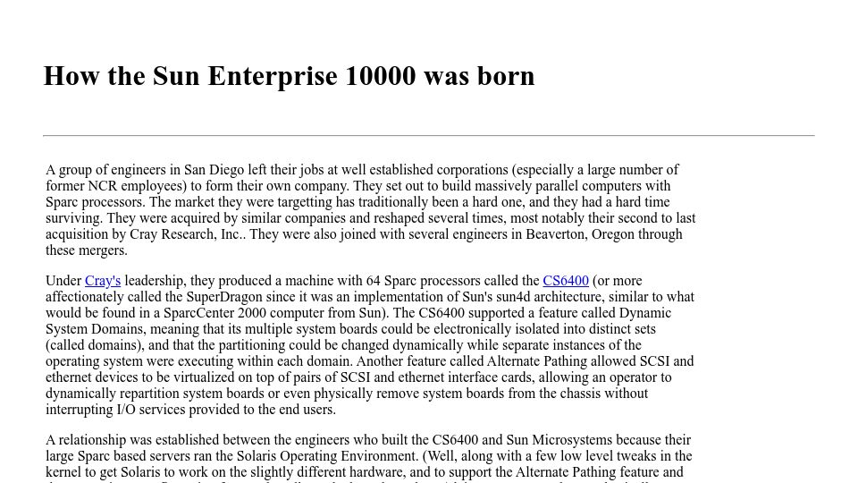 Screenshot of filibeto.org: How the Sun Enterprise 10000 was born (2007)