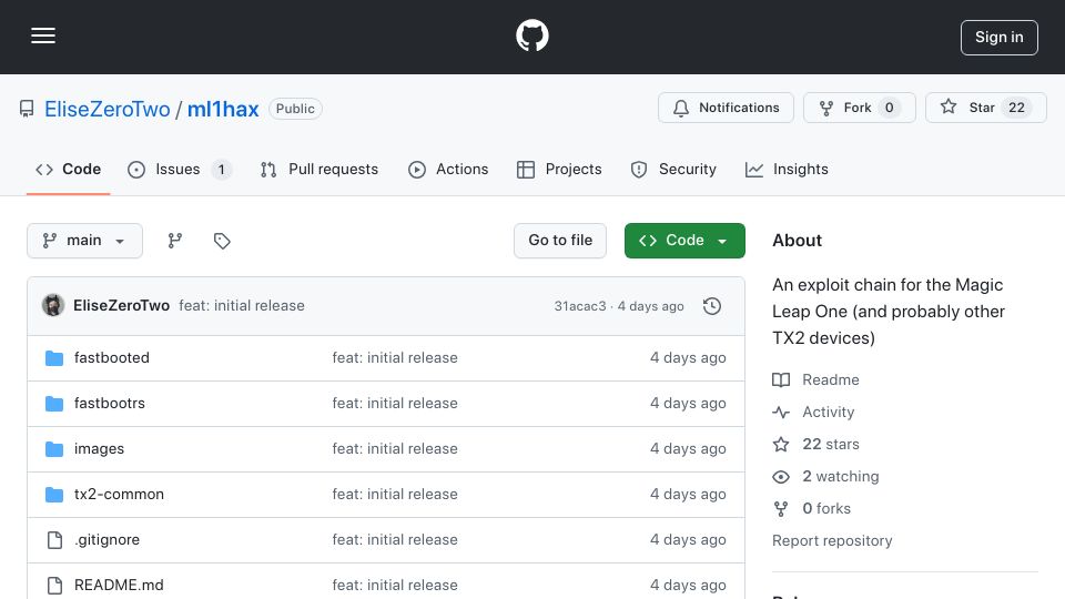 Screenshot of github.com: Magic Leap One Bootloader Exploit