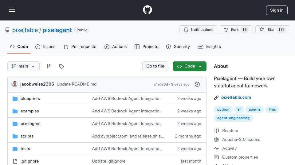 Screenshot of github.com: Show HN: Pixelagent – Build your Stateful Agent Framework in 200 lines of code