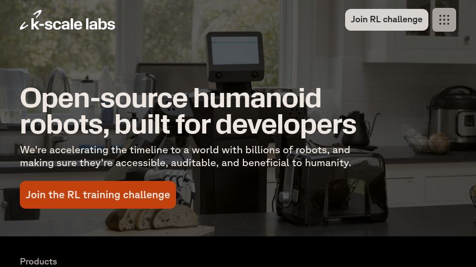 Screenshot of kscale.dev: K-Scale Labs: Open-source humanoid robots, built for developers