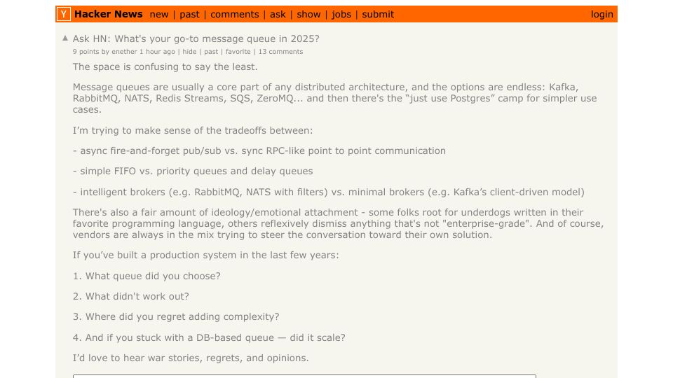 Screenshot of Hacker News post: Ask HN: What's your go-to message queue in 2025?