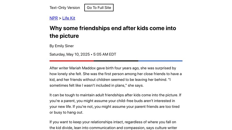 Screenshot of text.npr.org: Why some friendships end after kids come into the picture