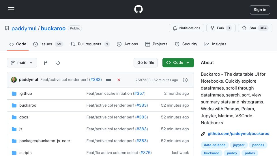 Screenshot of github.com: Show HN: Buckaroo – Data table UI for Notebooks