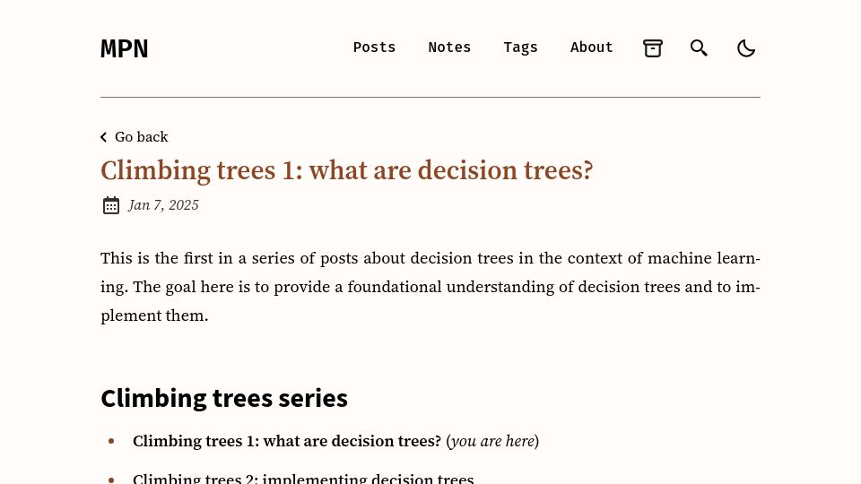 Screenshot of mathpn.com: Climbing trees 1: what are decision trees?