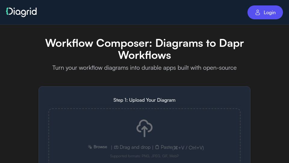 Screenshot of workflows.diagrid.io: Show HN: Turn any workflow diagram into compilable, running and stateful code