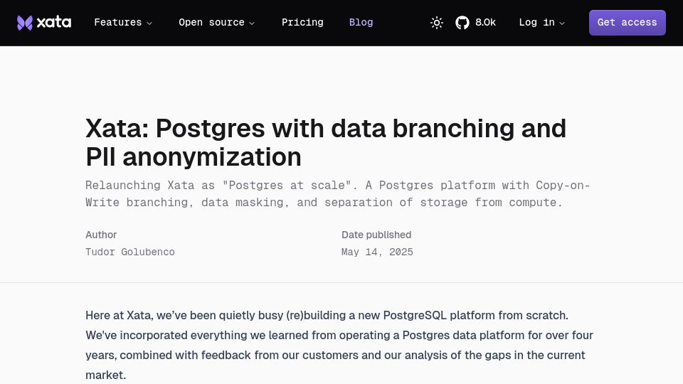 Screenshot of xata.io: Postgres with data branching and PII anonymization