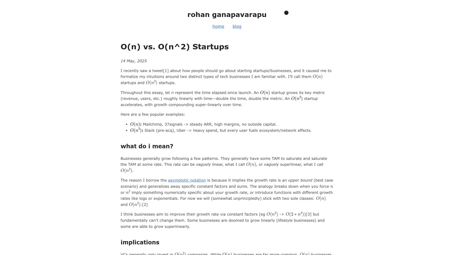 Screenshot of rohan.ga: O(n) vs. O(n^2) Startups