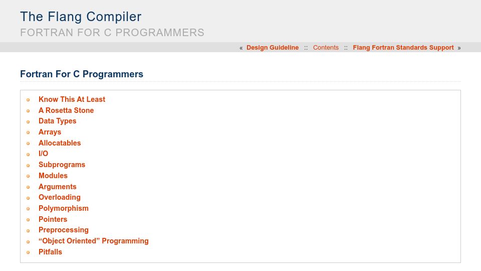 Screenshot of flang.llvm.org: Fortran for C Programmers